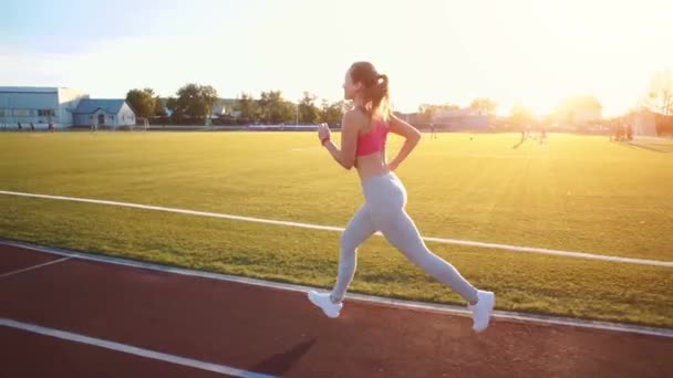 Krásná mladá žena cvičení, běh a běh na atletické dráze na stadionu při východu slunce. Filmový styl-video. — Stock video