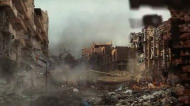Suriye tank dammge binalar arasında ateş. Suriye Caddesi ve Suriye tank görünümünü. Ateş ve duman.