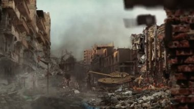 Suriye stret ve Suriye tank görünümünü. Ateş ve duman. Savaş Suriye.