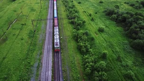 Venkovská krajina s kontejnerovým vlakem projíždějícím krajinou — Stock video