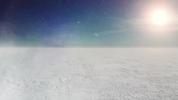 Vista aérea del campo sin fin. Tormenta de invierno y paisaje nevado con nieve y sol — Vídeo de stock