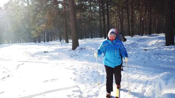 Al rallentatore. Coppia matura sciare nel bosco in inverno . — Video Stock