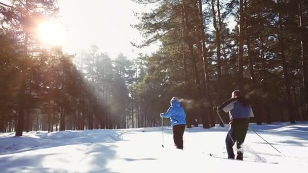 Al rallentatore. Coppia matura sciare nel bosco in inverno . — Video Stock