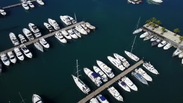 Vista aérea no clube de iates. Barcos brancos estão na água do mar azul . — Vídeo de Stock