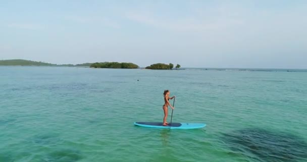 Kamera bewegt Frau auf einem Paddelbrett auf der Insel. — Stockvideo