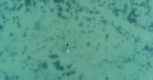 Kameran flyttar uppifrån till ner. Attraktiv kvinna i bikini sola på en surfbräda, Flygfoto — Stockvideo