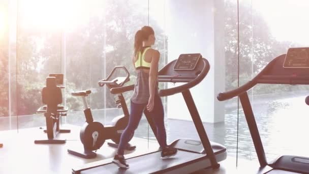 Vrouw lopen op de loopband op een panoramisch venster en zon opkomst op de ochtend in de sportschool. Concept van gezonde levensstijl. — Stockvideo