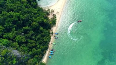 Hava. Geleneksel Tay tekne ve yeşil ada etrafında hareketli kamera. Beach üstten görünüm veya zümrüt su iki long tail tekne ile havadan görünümü