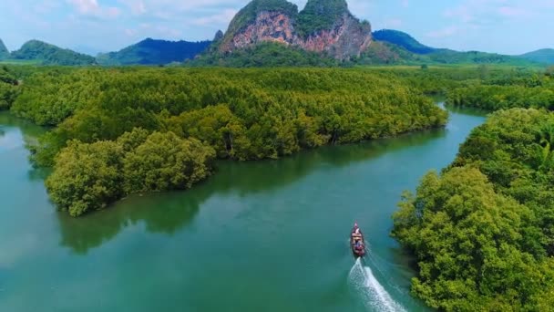 Antenn. Ovanifrån av traditionella thailändska båtar vid Krabi, Thailand. Berg på bakgrunden — Stockvideo