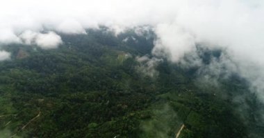 AERİAL. Tropikal adanın üzerinde uçmak bulutlar ve dağların ve ormanın en üst manzarası. Tayland.