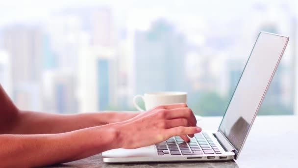 Frauenhände tippen im Café auf Laptop. Wolkenkratzer im Hintergrund. Nahaufnahme, Frau arbeitet und schreibt etwas ins Notizbuch. — Stockvideo
