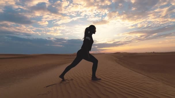 Silueta de una joven haciendo yoga al atardecer en el inmenso desierto. Epic puesta del sol y el deporte concepto de vídeo . — Vídeos de Stock