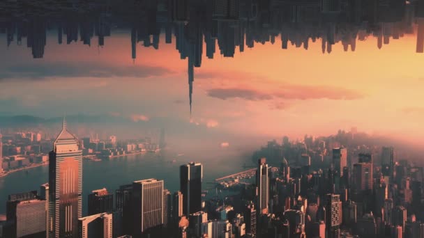 AERIAL. Абстрактная футуристическая концепция видео двух огромных городов друг напротив друга в небе и эпического заката. — стоковое видео