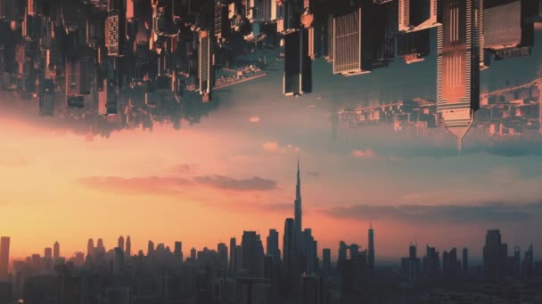 AERIAL. Abstraktes futuristisches Konzeptvideo zweier sich gegenüberliegender Großstädte am Himmel und epischer Sonnenuntergang. — Stockvideo