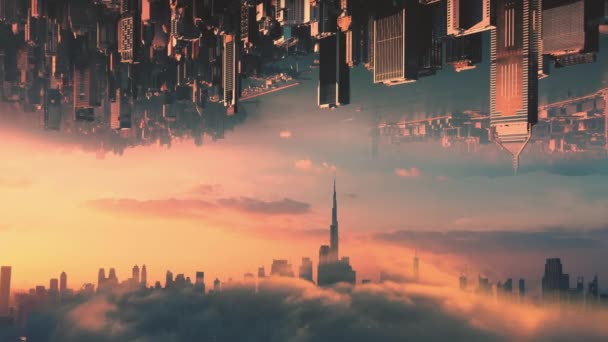 航空機だ。抽象的な未来的なコンセプトビデオ空と壮大な夕日の2つの巨大な都市の反対側. — ストック動画