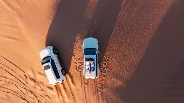AEREALE. Vista dall'alto della giovane coppia che si rilassa sul tetto delle auto nel deserto — Video Stock
