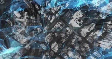 Havadan. Binaların etrafında hareket eden bir kamera. Kablosuz iletişim ağı kavramı. Bazı şeylerin interneti. ICTInformation İletişim Teknolojisi.