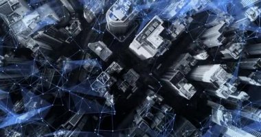 Havadan. Binaların etrafında hareket eden bir kamera. Kablosuz iletişim ağı kavramı. Bazı şeylerin interneti. ICTInformation İletişim Teknolojisi.