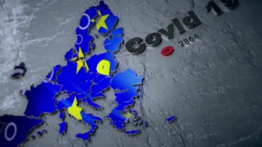 Avrupa haritası ve kırmızı arka planda kelime karantinası. Dünya çapında salgın konsepti.
