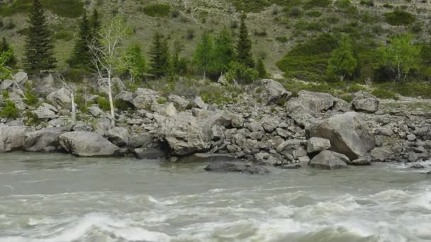 Árboles en la orilla y rocas en el agua. Los umbrales Ilgumen . — Vídeos de Stock