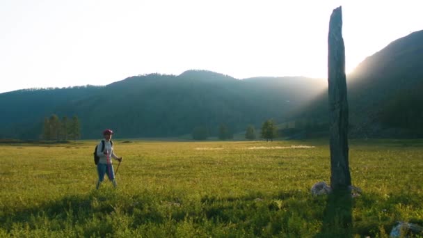 Türk dönemi antik taş stelts Altay Dağları'nda kadın turist inceliyor — Stok video