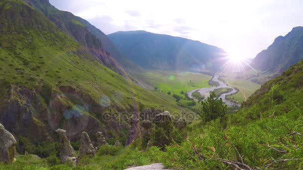 Vista del valle del río Altai Chulyshman desde la ladera del monte. Siberia, Rusia — Vídeos de Stock