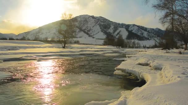 Il fiume scorre. Glitter al tramonto. Il freddo inverno in montagna — Video Stock