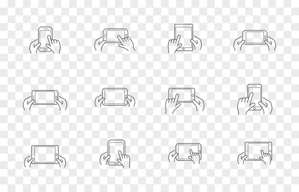 Ícones com as mãos segurando dispositivo inteligente com gestos —  Vetores de Stock