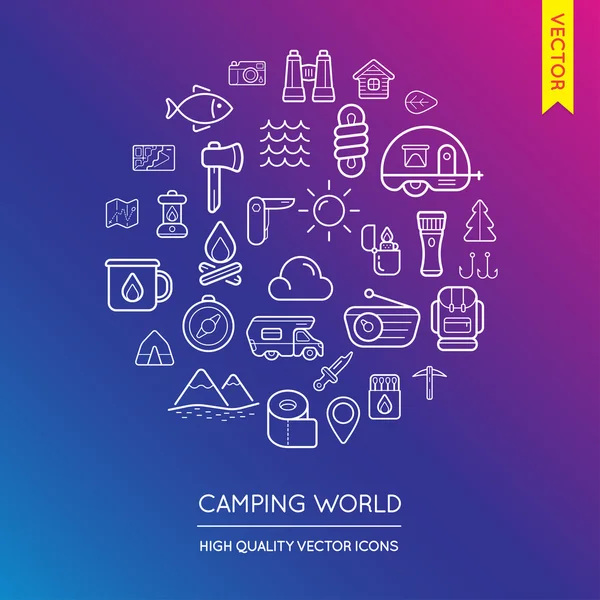 Conjunto de Vectores de Camping Modernos Iconos Planos Delgados — Archivo Imágenes Vectoriales