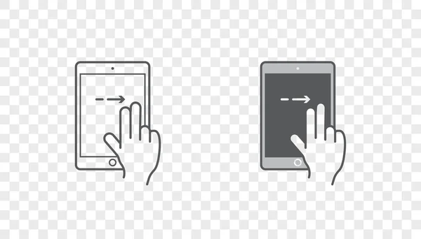 Ícones com as mãos segurando dispositivo inteligente com gestos — Vetor de Stock