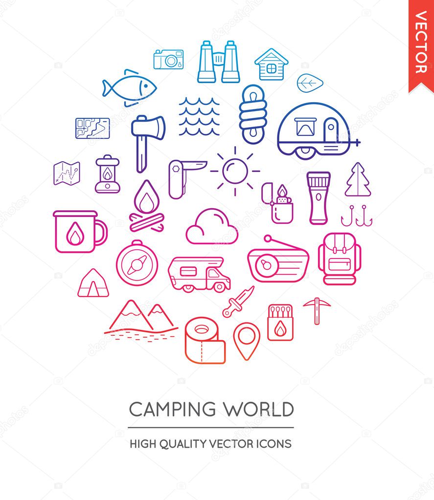 Set of Camping Modern Flat Thin Icons