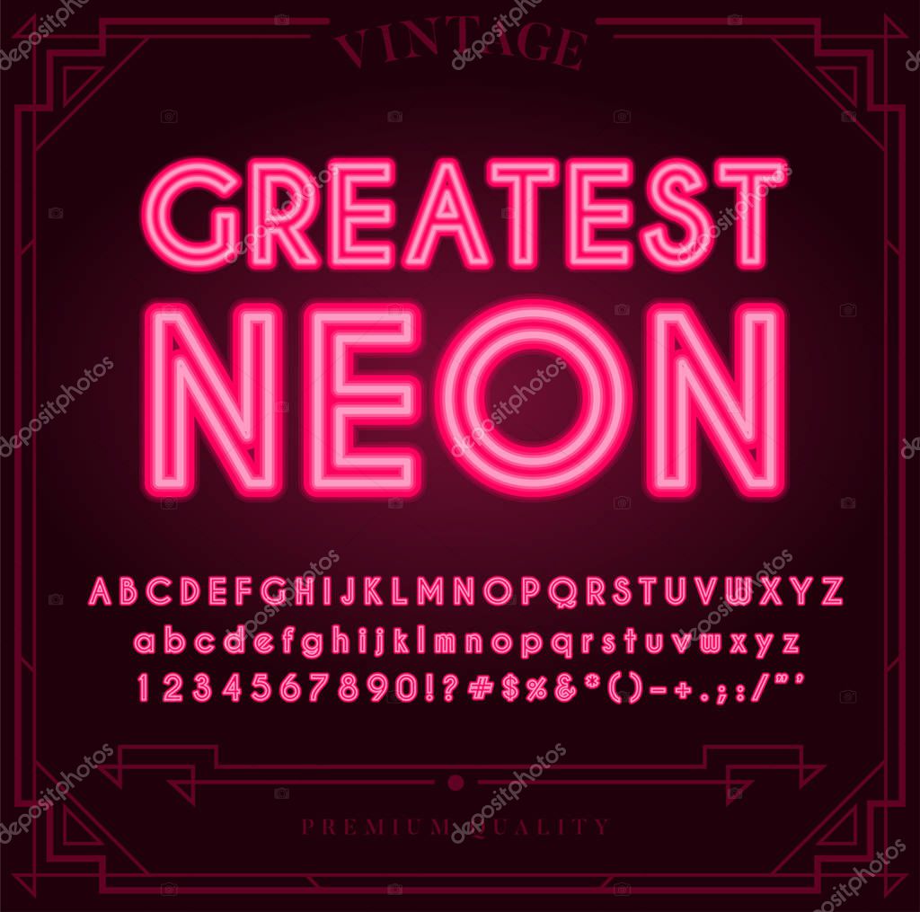 Bright Neon Alphabet Letters, Numbers and Symbols Sign in Vector. Night Show.