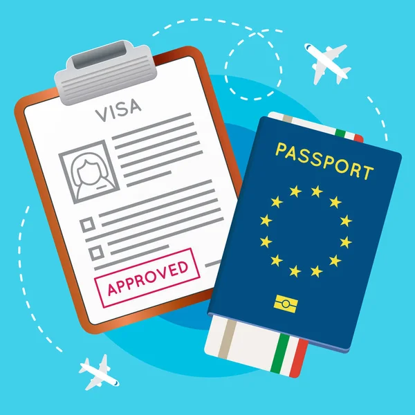 ビザ承認スタンプとパスポート、航空券 — ストックベクタ