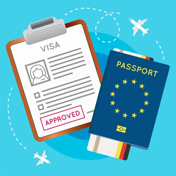 Visa-Stempel, Reisepass und Ticket genehmigt — Stockvektor