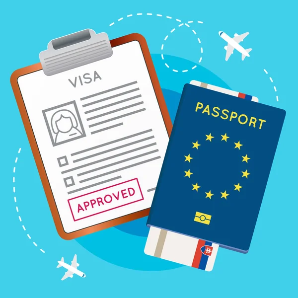 Carimbo, passaporte e bilhete aprovados com visto — Vetor de Stock