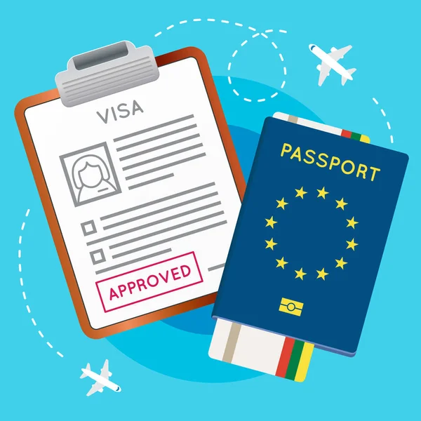 Βίζα εγκρίνει σφραγίδα, διαβατήριο και εισιτήριο — Διανυσματικό Αρχείο
