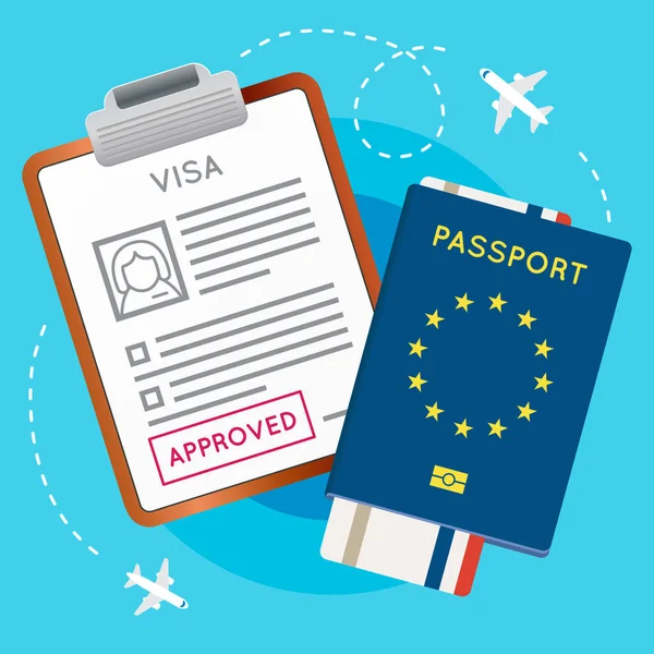 ビザ承認スタンプとパスポート、航空券 — ストックベクタ