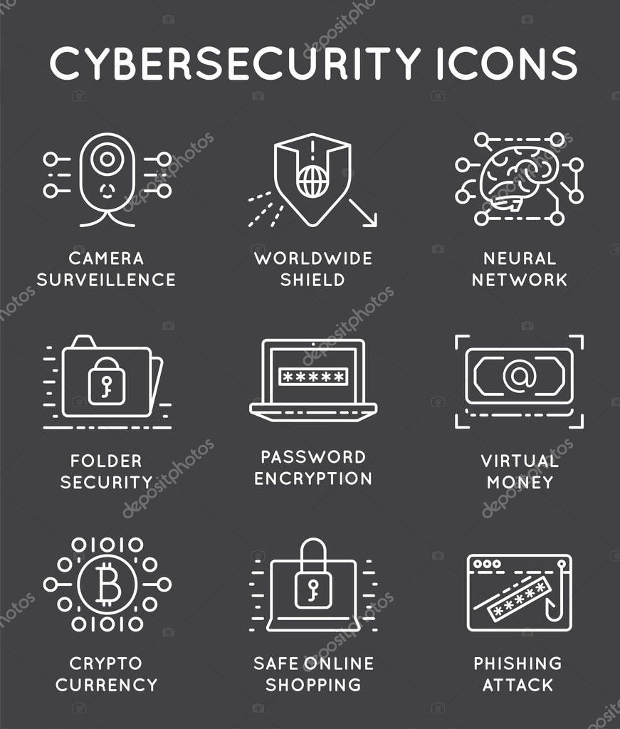 Cyber Security Thin Line icons set. Computer network protection. High Quality Premium outline symbol collection. Stroke vector logo concept.Cybersecurity.