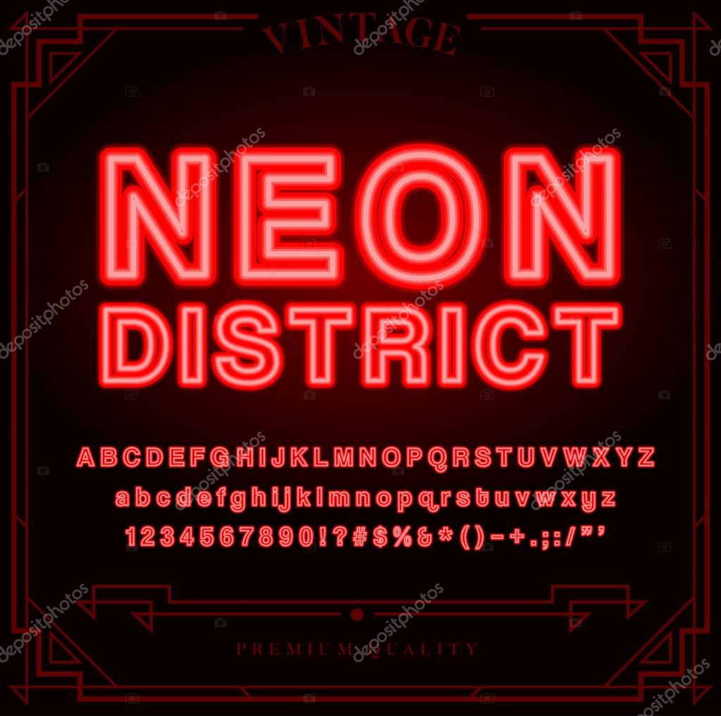 Bright Neon Alphabet Letters, Numbers and Symbols Sign in Vector. Night Show.