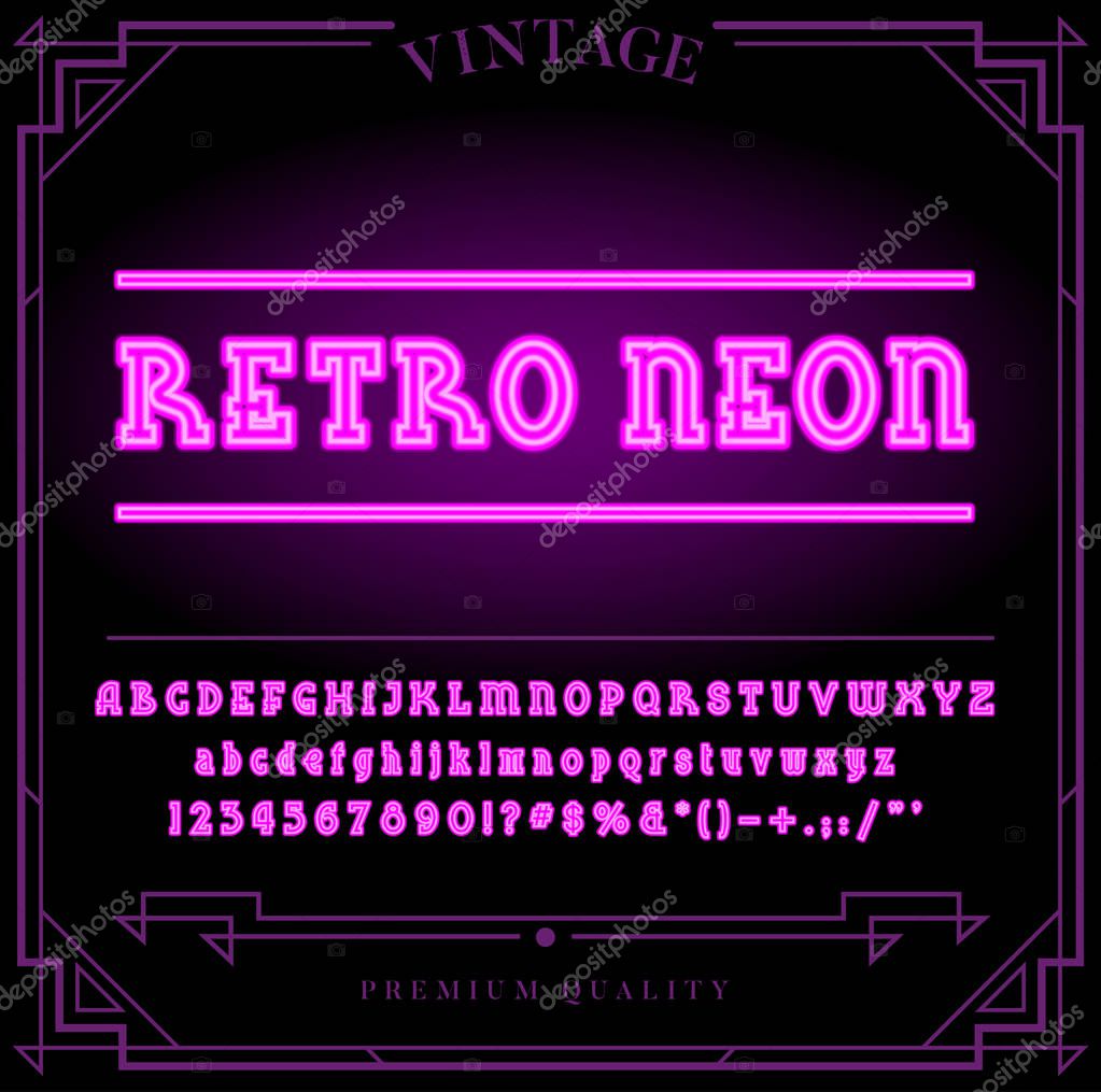 Bright Neon Alphabet Letters, Numbers and Symbols Sign in Vector. Night Show.