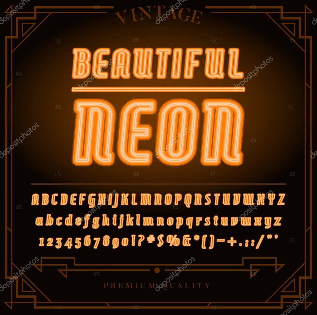 Bright Neon Alphabet Letters, Numbers and Symbols Sign in Vector. Night Show.