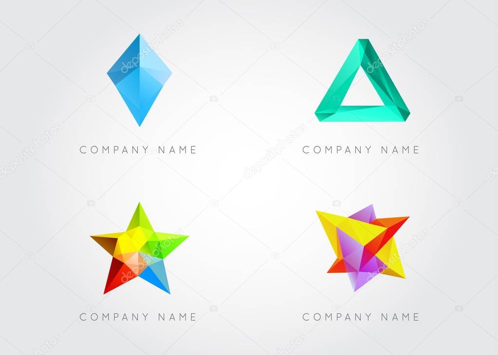 Trendy Crystal Triangulated Gem Logo Elements. Perfect for Business. Geometric Low Polygon Style. Visual Identity Vector Set Collection.