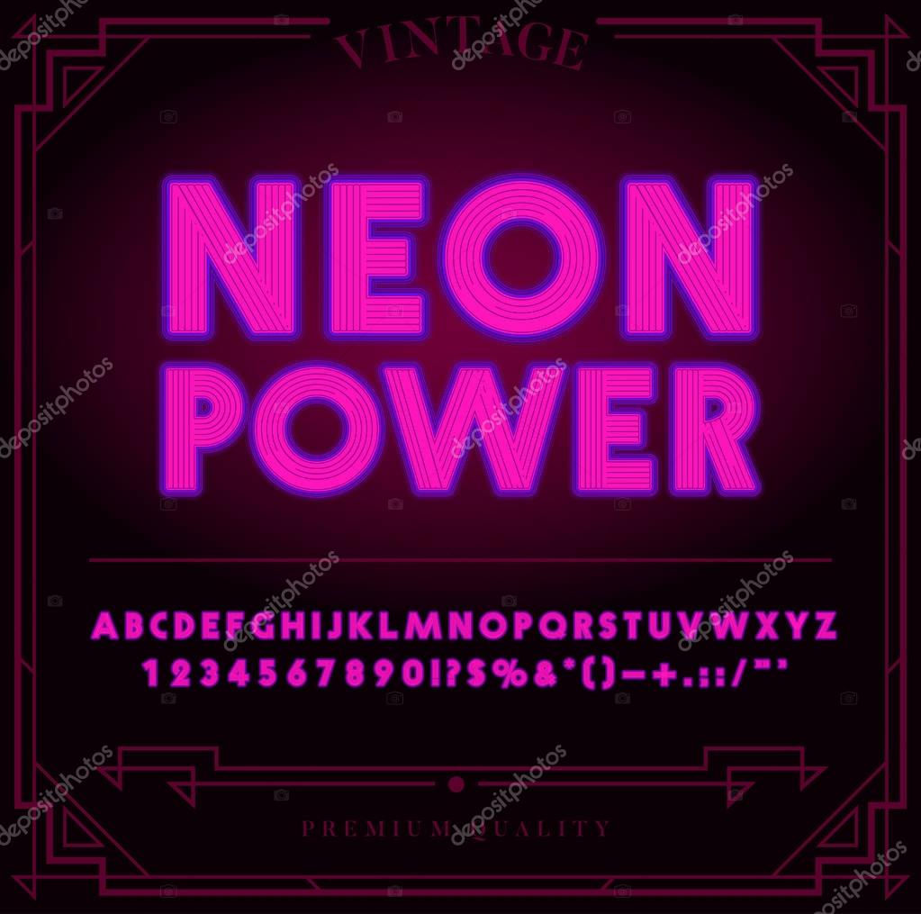 Bright Neon Alphabet Letters, Numbers and Symbols Sign in Vector. Night Show.