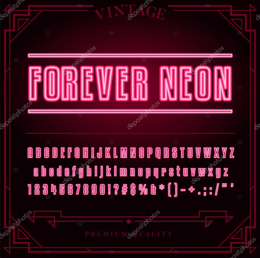 Bright Neon Alphabet Letters, Numbers and Symbols Sign in Vector. Night Show.