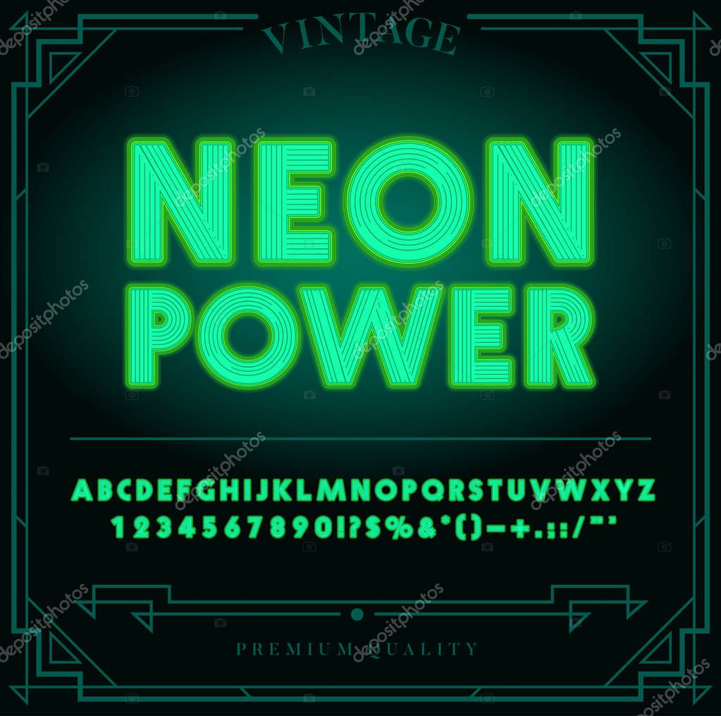 Bright Neon Alphabet Letters, Numbers and Symbols Sign in Vector. Night Show.