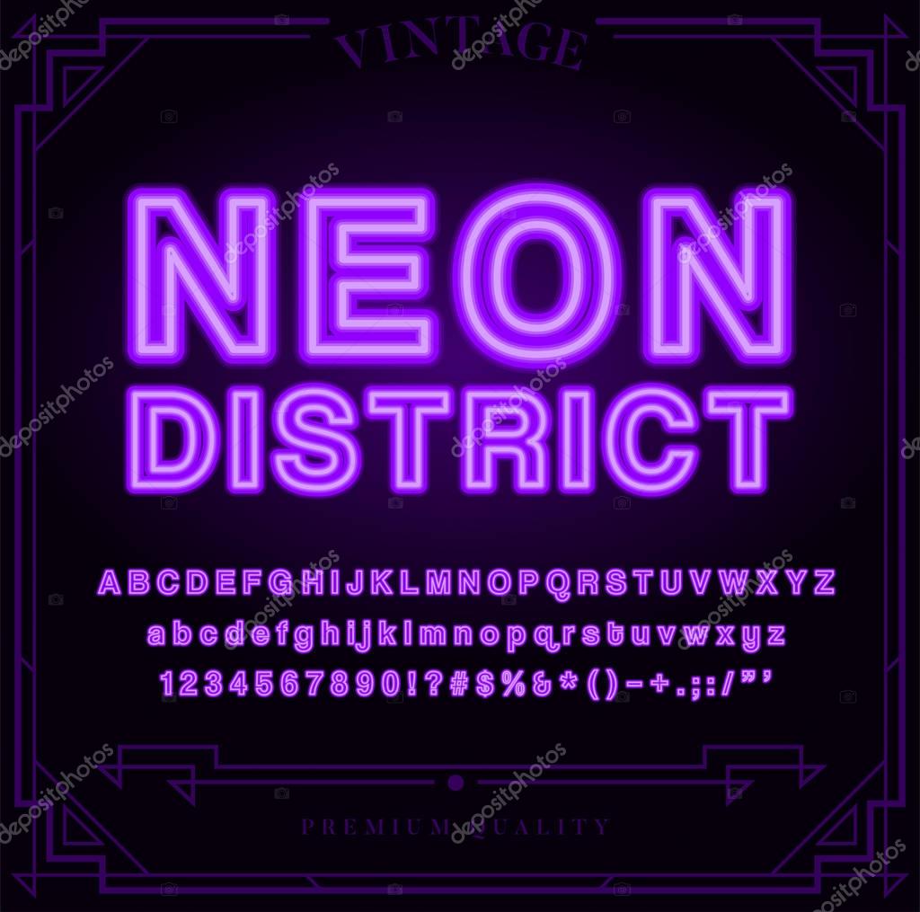 Bright Neon Alphabet Letters, Numbers and Symbols Sign in Vector. Night Show.