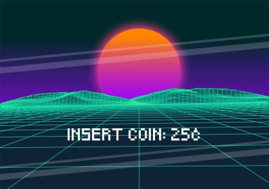 Vektör Retro Futurism Eski VHS Stili Manzara 1980 'ler Biçimi. Dijital retro Peyzaj Gezegeni Siber yüzeyi. Retro Futuristik Oyun ya da Müzik Albümü Kapağı. 80 'lerin Retro Bilim-Kurgu Arkaplan Yazı ya da Bahar Manzarası.