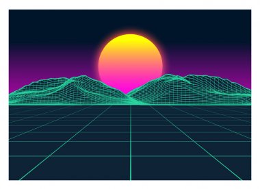 Vektör Retro Futurism Eski VHS Stili Manzara 1980 'ler Biçimi. Dijital retro Peyzaj Gezegeni Siber yüzeyi. Retro Futuristik Oyun ya da Müzik Albümü Kapağı. 80 'lerin Retro Bilim-Kurgu Arkaplan Yazı ya da Bahar Manzarası.