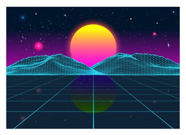 Vektör Retro Futurism Eski VHS Stili Manzara 1980 'ler Biçimi. Dijital retro Peyzaj Gezegeni Siber yüzeyi. Retro Futuristik Oyun ya da Müzik Albümü Kapağı. 80 'lerin Retro Bilim-Kurgu Arkaplan Yazı ya da Bahar Manzarası.