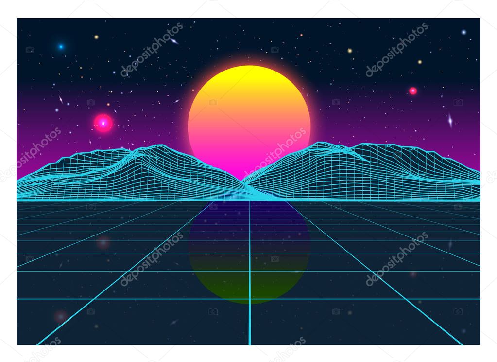 Vector Retro Futurism Old VHS Style Landscape 1980s Style. Digital retro Landscape Planet Cyber surface. Retro Futuristic Gaming or Music Album Cover. 80s Retro Sci-Fi Background Summer or Spring Landscape.